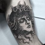 Medusa mad eye rolls at Patriarchy. Tattoo by Vanpira #Vanpira #vanpriegonova #illustrative #linework #blackwork #dotwork #portrait #medusa #ladyhead #snakes #reptile #lady #etching #engraving