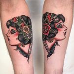 Ladies lookin up. Tattoo by Andrea Giulimondi #andreagiulimondi #besttattoos #color #traditional #lady #ladyhead #matchingtattoos #rose #flowers #floral