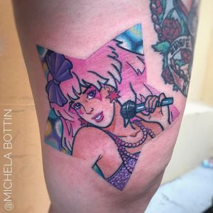 Beautiful babe Jem tattoo by Michela Bottin #MichelaBottin #80stattoos #color #newschool #cartoon #tvshowtattoo #tvshow #rockstar #singer #jem #stars #microphone #musictattoo #bow #cute #pink #glam