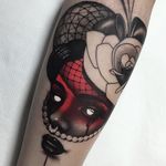 Tattoo by Cristian Casas #CristianCasas #tattoodoambassador #neotraditional #darkart #lady #portrait #ladyhead #rose #lace #pearls #flower #floral #noir #whiteink