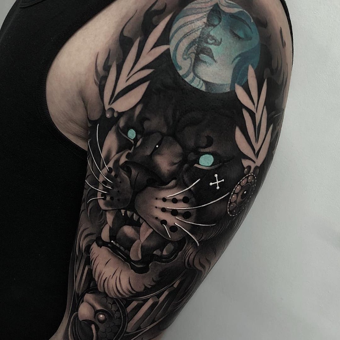 Elephant and Lion half sleeve by Haylo TattooNOW