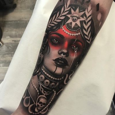 Tattoo by Cristian Casas #CristianCasas #tattoodoambassador #neotraditional #darkart #portrait #lady #ladyhead #tears #skull #thirdeye #pearls #crown #leaves #nature #death #star