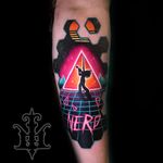 Badass 'Revenge of the Nerds' tattoo by Jon Leighton #JonLeighton #80stattoos #newschool #abstract #movietattoo #RevengeoftheNerds #Nerd #triangle #violin #videogame #scifi #space