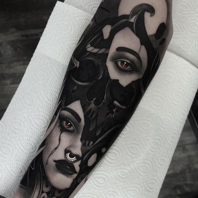 Tattoo by Cristian Casas #CristianCasas #tattoodoambassador #neotraditional #darkart #skull #death #tears #lady #portrait #ladyhead #face #whiteink #broken #rope #shapes #surreal