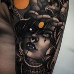 Tattoo by Cristian Casas #CristianCasas #tattoodoambassador #neotraditional #blackandgrey #darkart #ladyhead #lady #portrait #skull #death #fangs #vampire #tribal #jewelry