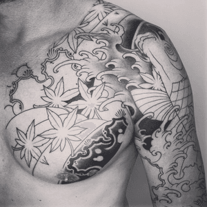 Full sleeve with chest.  Two koi with maple leaves.