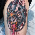 Chrome jaguar tattoo by Peter Lagergren #peterlagergren #80stattoos #chrome #biomechanic #junglecat #jaguar #cat #blood #robot #scifi #surreal #strange