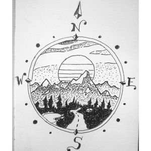 The mountains are calling and I must go.#travel #traveltattoo #mountains #sunset #colorado #utah #forest #roadtrip #lineart #tattoostyle #tattoosketch #compass #compasstattoo #north #west #dotworktattoo #vandwelling #nature #dotworktattoo #lineworktattoo #mountaintattoo 