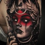 Tattoo by Cristian Casas #CristianCasas #tattoodoambassador #darkart #color #blackandgrey #redink #darkart #neotraditional #vampire #lady #ladyhead #portrait #whiteink #skull #death #pearls #crown