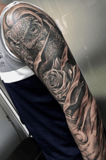 Black and Gray Owl and Rose Realism Sleeve