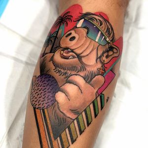 Ultimate Alf tattoo by Brodie Leisure #BrodieLeisure #80stattoos #color #newschool #Alf #tvshowtattoo #tvshow #alien #shapes #abstract #sunglasses #palmtrees #vacation #rainbow