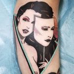 Patrick Nagel-esque tattoo by Steve Rieck #SteveRieck #80stattoos #color #80s #popart #mask #lady #bust #portrait #sun #abstract #triangle #shapes