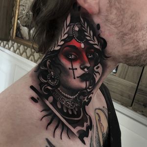 Tattoo by Cristian Casas #CristianCasas #tattoodoambassador #darkart #color #blackandgrey #redink #darkart #neotraditional #necktattoo #lady #ladyhead #portrait #whiteink #leaves #cross #pearls #crown