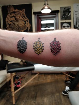 Three hops cones, in the colours of the Belgian flag.