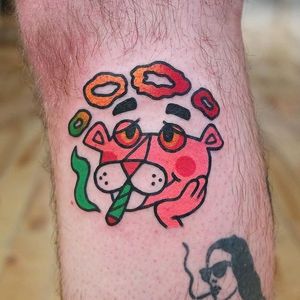 Tokin' Pink Panther tattoo by Stoney Pink aka stnrtatt #StoneyPink #stnrtatt #pinkpanthertattoo #newschool #pinkpanther #panther #cat #psychedelic #smoke #newtraditional #cartoon #tvshowtattoo #join #weed