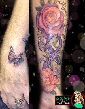 Memorial roses, butterflies, and cancer ribbon. 