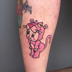 Pink Panther Kewpie tattoo by Irene Samsa #IreneSamsa #pinkpanthertattoo #newschool #pinkpanther #panther #cat #newtraditional #cartoon #tvshowtattoo #kewpie #doll #kewpiedoll #cute