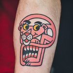 Pink Panther tattoo by Woo Loves You #WooLovesYou #pinkpanthertattoo #newschool #pinkpanther #panther #cat #skull #surreal #newtraditional #cartoon #tvshowtattoo