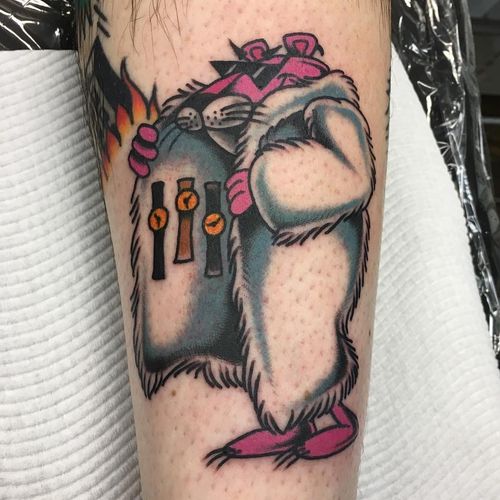 Skeevy Pink Panther tattoo by Rachel Jane #RachelJane #pinkpanthertattoo #newschool #pinkpanther #panther #cat #newtraditional #cartoon #tvshowtattoo #criminal #watches #clocks #furcoat #suss