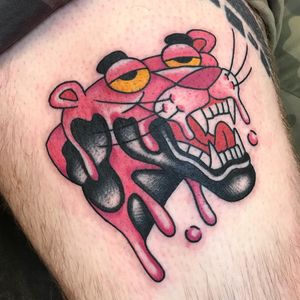 Yo, you ever feel like ur face is melting? Tattoo by Gary Gerhardt #GaryGerhardt #pinkpanthertattoo #newschool #pinkpanther #panther #cat #newtraditional #cartoon #tvshowtattoo #melting
