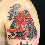 Tengu frog tattoo by Teide #Teide #frogtattoos #color #irezumi #Japanese #surreal #mashup #yokai #folklore #frog #animal #amphibien #smoke #nature #weird