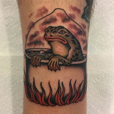 Frog Stew tattoo by Ivan Antonyshev #ivanantonyshev #frogtattoos #color #traditional #frog #stew #pot #soup #fire #animal #amphibien #nature #smoke