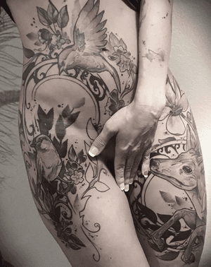 Black and grey, art nouveau Bird and Deer tattoo, symbols of an alegorical journey for French model, writer, and artist Sophie Marie L.