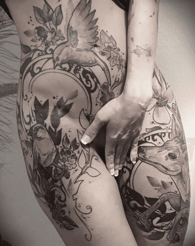 Black and grey, art nouveau Bird and Deer tattoo, symbols of an alegorical journey for French model, writer, and artist Sophie Marie L.