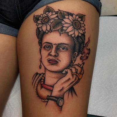 Frida tattoo by Tony Talbert #TonyTalbert #tonytrustworthy #FridaKahlotattoos #color #fineart #FridaKahlo #nature #surrealist #flowers #sunflower #leaves #painter #femaleartist #portrait #smoking #cigarette #strength