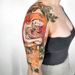 Tattoo by Tiff Lee #TiffLee #qpocttt #qpoc #pridemonth #pride #lgbtq #AlphonseMucha #deer #mashup #flowers #nature #lady #portrait #animal
