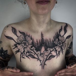 Tattoo by Noel'le Longhaul #NoelleLonghaul #pridemonth #pride #lgbtq #trans #breast piece #illustrative #flowers #naturaleza #bosque