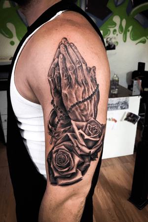 Praying Hands and Roses Black and Grey