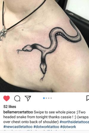 Newest inking - two headed dot work snek wrapping over my shoulder 😍
