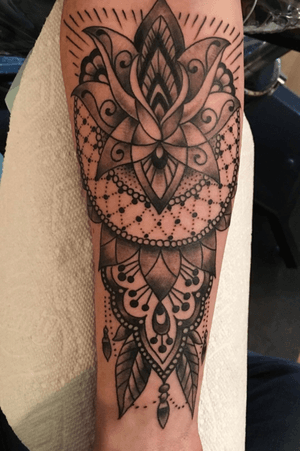 Forearm Mandala lotus done by Chris Savage - Blackbird Tattoo Cincinnati Ohio