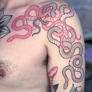 Tattoo by Mirko Sata #MirkoSata #satatttvision #linework #snake #snaketattoo #linework #reptile #serpent #redink