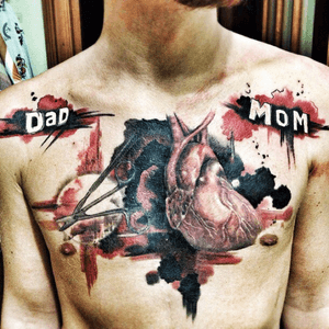 My chest tattoo. Made by Ruslan Miftakhov.  #trashpolka #hearttattoo #heart #red #realistic #anatomicalheart #anatomical 