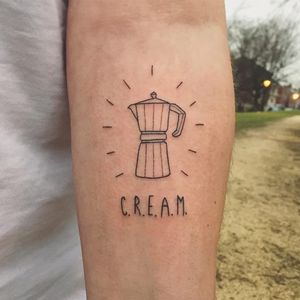 C.R.E.A.M. tattoo by lfs.handpoke #lfshandpoke #coffeetattoos #linework #stickandpoke #handpoke #noneectrictattooing #mokapot #illustrative #cream #funnytattoos #clever #text