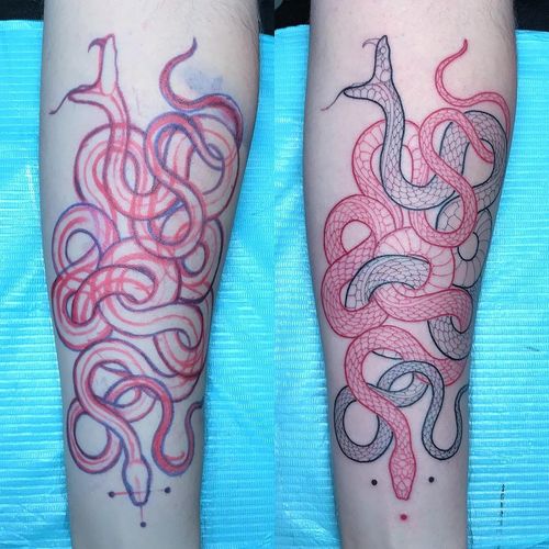 Tattoo by Mirko Sata #MirkoSata #satatttvision #linework #snake #snaketattoo #linework #reptile #serpent #redink #dotwork