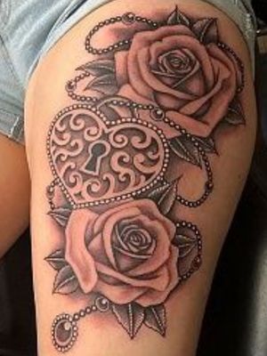 Thigh tattoo. Heart and roses. #thightattoo #thigh #rose #roses #heart #rosetattoo #hearttattoo #lockandkey #locket 