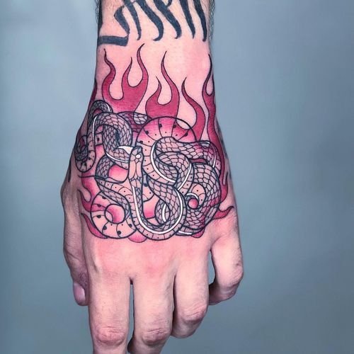 Tattoo by Mirko Sata #MirkoSata #satatttvision #linework #snake #snaketattoo #linework #reptile #serpent #fire #redink #whiteink