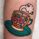 Oriental coffee love. Tattoo by Boshka Grygoriew Alvy #BoshkaGrygoriewAlvy #coffeetattoos #color #Japanese #traditional #mashup #peony #coffee #cup #cloud #steam #flowers #floral #caffeine