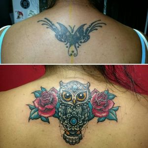 Tribal cover up with owl and roses 