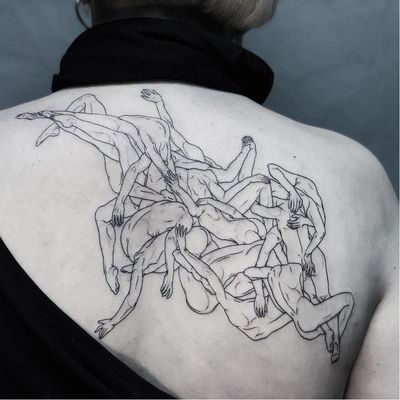 Bodies. Tattoo by Ruby Wolfe #RubyWolfe #surrealtattoos #surreal #linework #illustrative #fineline #bodies #strange