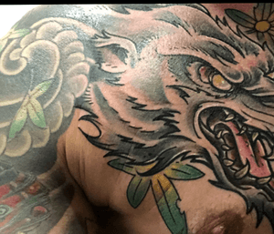 On going wolf project. Half sleeve from Paul Whithey in pure japanese trad. Wolf and pec from Toon. 