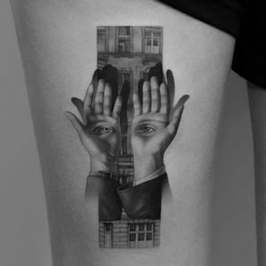 I can see far between. Tattoo by Paweł Indulski #PawelIndulski #surrealtattoos #blackandgrey #surreal #strange #realism #realistic #building #architecture #hands #eyes #thirdeye #home