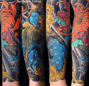 Shishi Lion and crysanthemum japanese tattoo. #shishi #chrysanthemum #japanese #coverup #japanesetattoo #sleeve 
