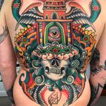 Amalgamation of beliefs. Tattoo by Robert Ryan #RobertRyan #surrealtattoos #color #surreal #Buddhism #Hinduism #religion #crownofthorns #wings #thirdeye #allseeingeye #mudra #strange #surreal