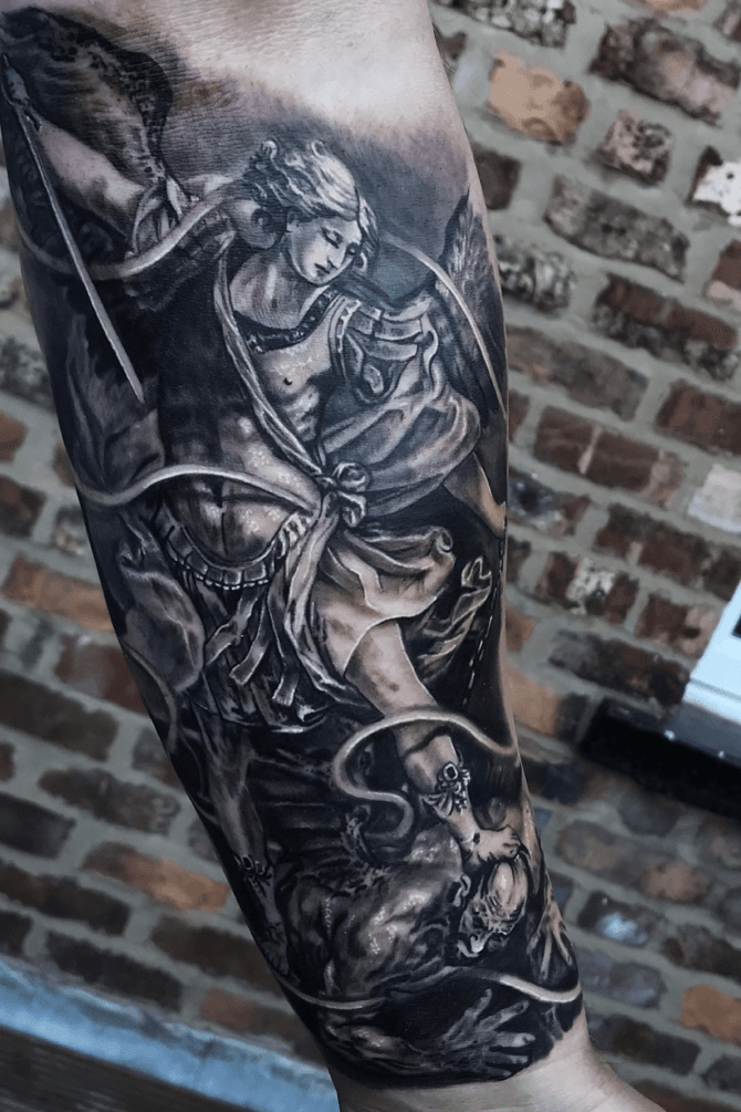 Archangel Michael and the Coliseum Done by Tyler at Black Lantern Tattoo  Bremen GA  rtattoos