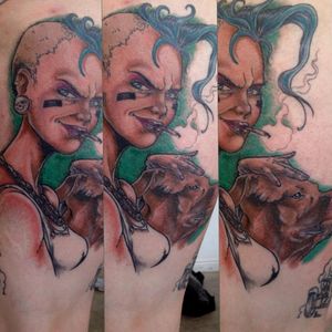 Tank girl with a dog. Partly healed and partly fresh. 