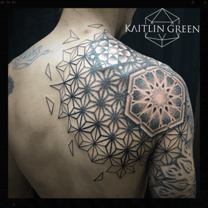 Geometric tesselation back tattoo, mandala, sacred geometry, geometric pattern, dotwork, blackwork. 